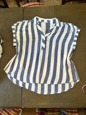 Jane and Delancey Blue and White Striped Short Sleeve Popover Blouse